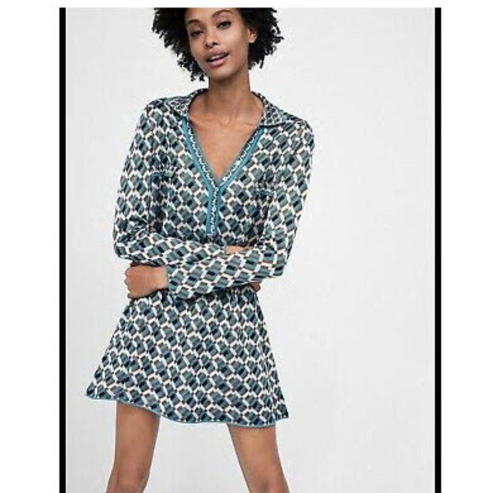 Zara Blue and White Patterned Mini Dress